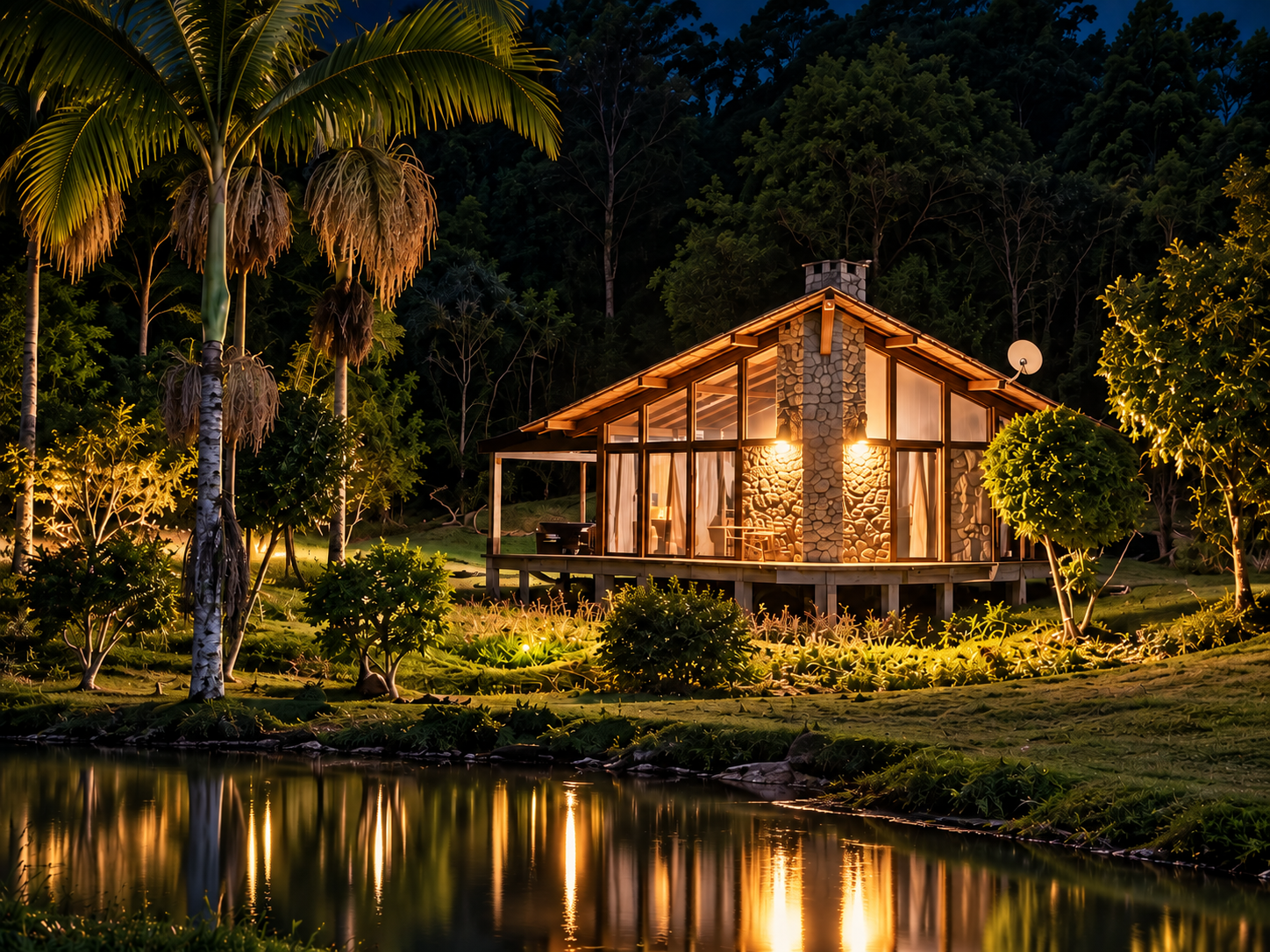 Chalé de pedra iluminado à noite junto ao lago